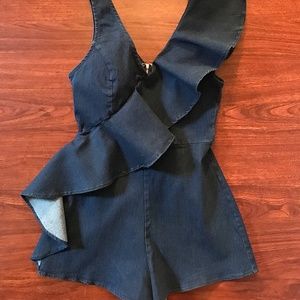 One-Shoulder Blue Jean Romper